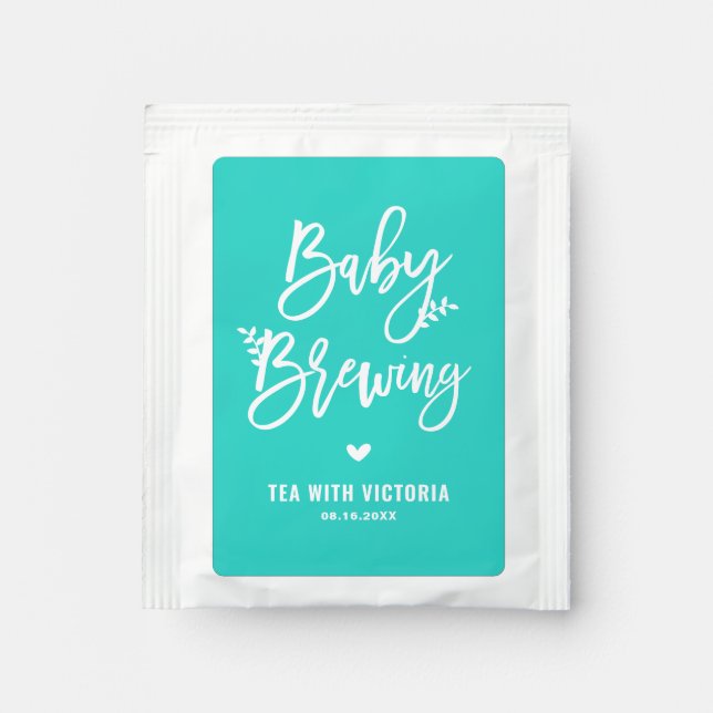 Baby Brewing Calligraphy Turquoise Baby Shower Tea Bag Drink Mix (Front)