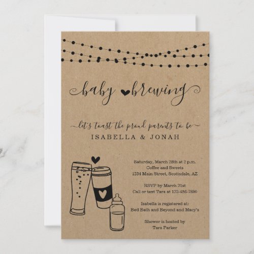 Baby Brewing Couple's Gender Neutral Baby Shower Invitation - Baby Brewing Couple's Gender Neutral Baby Shower Invitation - Hand-drawn beer and coffee/tea cup and baby bottle toast artwork on a wonderfully rustic kraft background.

Coordinating RSVP, Details, Registry, Thank You cards and other items are available in the 'Rustic Brewery / Winery Line Art' Collection within my store.