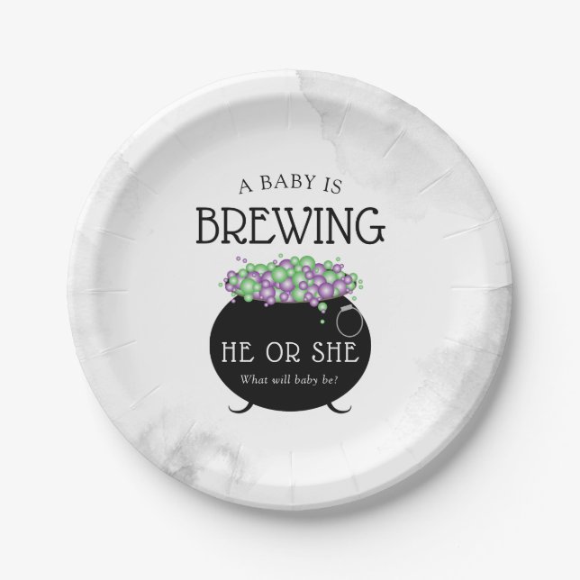 Baby Brewing Halloween Gender Reveal Paper Plates (Front)