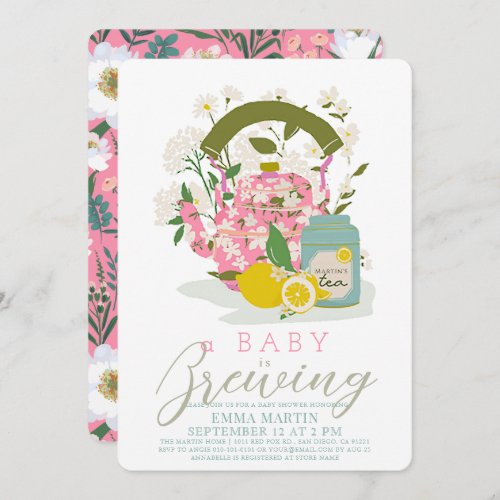 Baby Brewing Pink Floral Tea Party Baby Shower Invitation