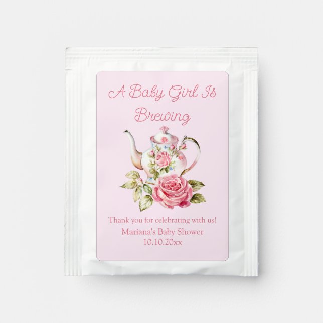 baby brewing pink floral tea party baby shower  tea bag drink mix (Front)