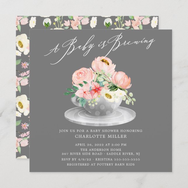  Baby Brewing Pink Peonies Floral Baby Tea  Invitation (Front/Back)