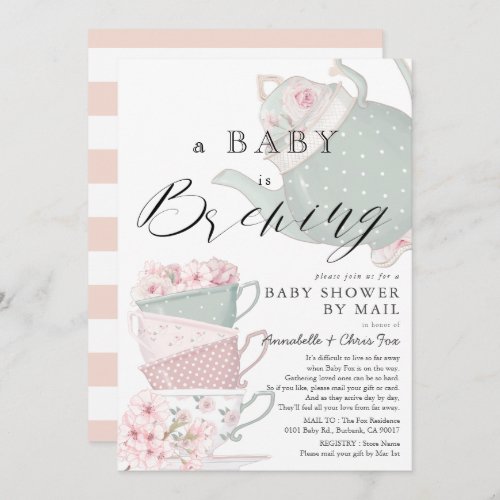 Baby Brewing Pink Tea Party Baby Shower by Mail Invitation
