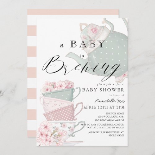 Baby Brewing Pink Tea Party Baby Shower Invitation