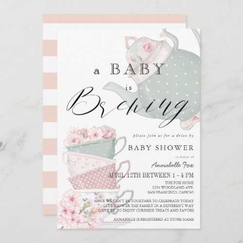 Baby Brewing Pink Tea Party Drive_by Baby Shower Invitation