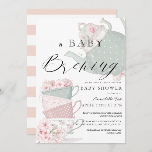 Baby Brewing Pink Tea Party Virtual Baby Shower Invitation