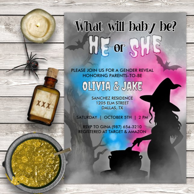Baby Brewing Spooky Witch Halloween Gender Reveal Invitation (Creator Uploaded)