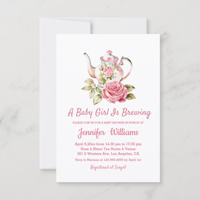 baby brewing tea party girl baby shower pink invitation (Front)