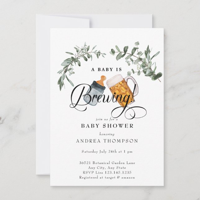 Baby Brewing | Watercolor Baby Shower  Invitation (Front)