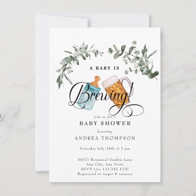 Baby Brewing | Watercolor Baby Shower  Invitation (Front)