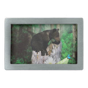 Baby Brown Bear Cub On Tree Stump, Belt Buckle