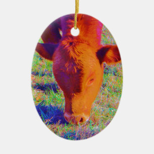 Baby Brown Cow face. RAINBOW GRASS Ceramic Ornament