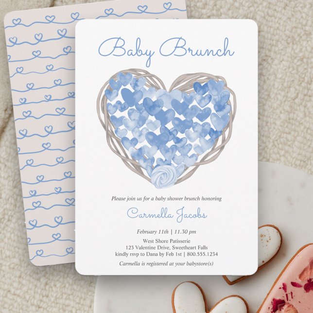 Baby Brunch Blue Hearts Rustic Boy Baby Shower Invitation