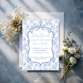 Baby brunch blue toile de jouy sketch baby shower invitation
