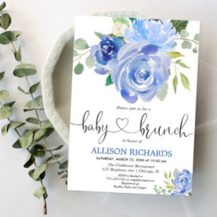Baby brunch boy shower blue floral watercolors invitation