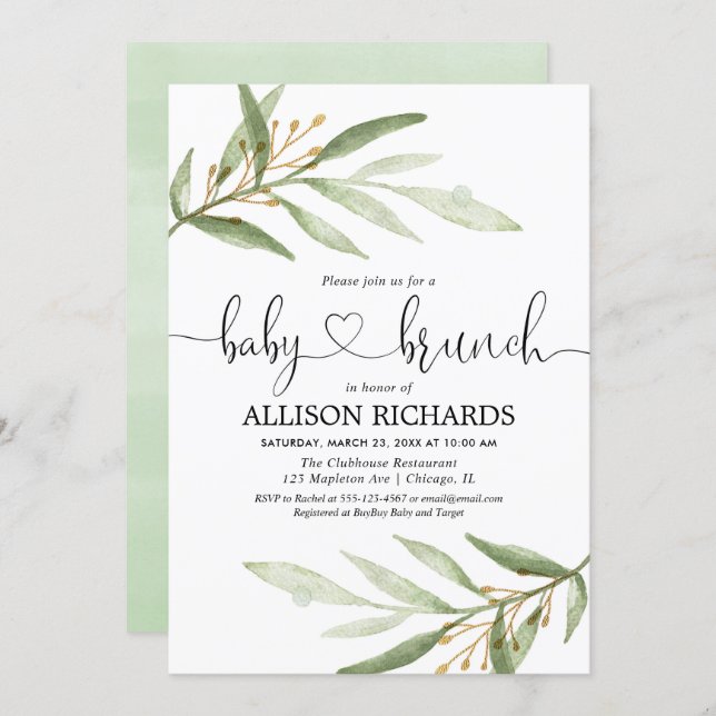 Baby brunch gender neutral greenery baby shower invitation (Front/Back)