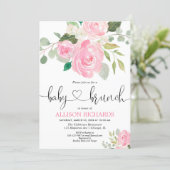 Baby brunch girl shower pink floral watercolors invitation (Standing Front)