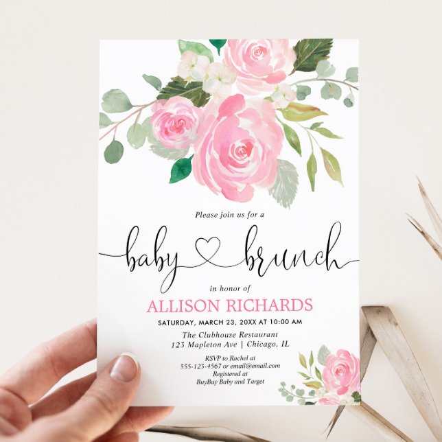 Baby brunch girl shower pink floral watercolors invitation