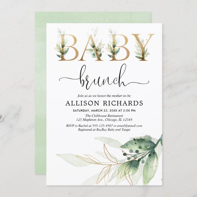 Baby brunch greenery gender neutral baby shower invitation (Front/Back)