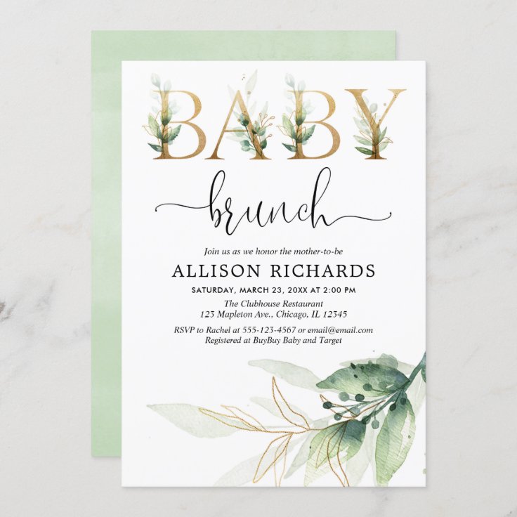 Baby brunch greenery gender neutral baby shower invitation | Zazzle