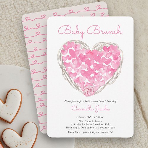 Baby Brunch Pink Hearts Rustic Girl Baby Shower Invitation