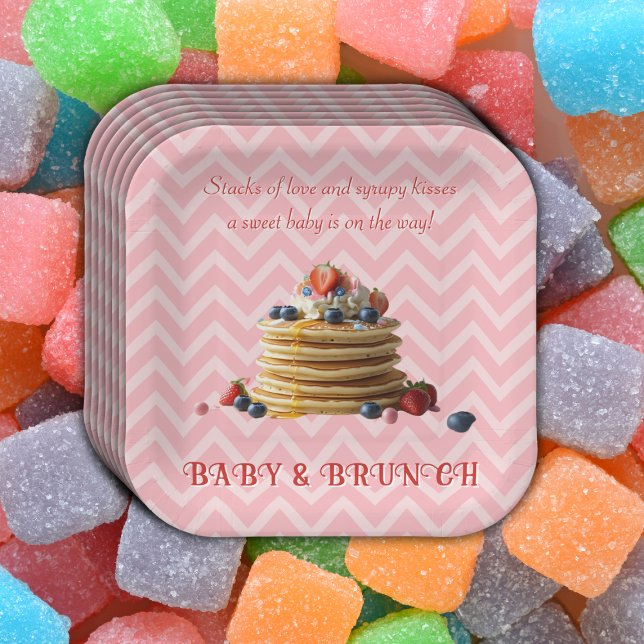 Baby & Brunch Pink Strawberry Pancakes Baby Shower Paper Plates (Creator Uploaded)