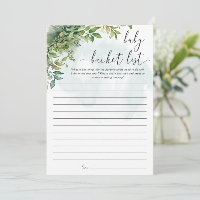 Baby Bucket List, Baby Shower Game Greenery Theme Invitation (Standing Front)