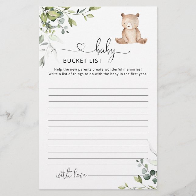 Baby bucket list eucalyptus bear baby shower (Front)