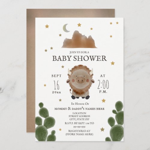 Baby Buffalo Mountain Cactus Stars Baby Shower Invitation