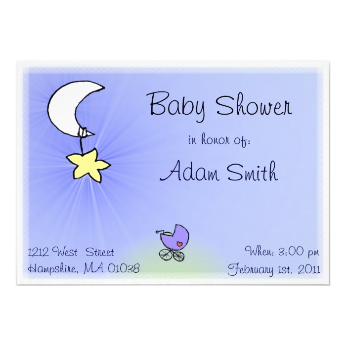 Baby buggy and moon   Baby boy shower invitations
