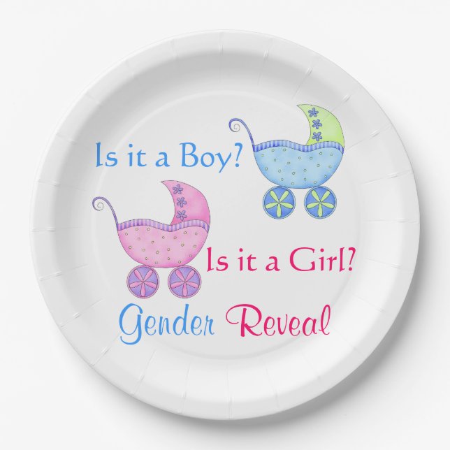 Baby Buggy Pink Blue Gender Reveal Party Paper Plates (Front)