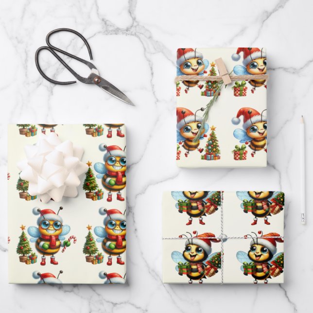Baby Bumble Bees Christmas Kids Wrapping Paper Sheets (Front)