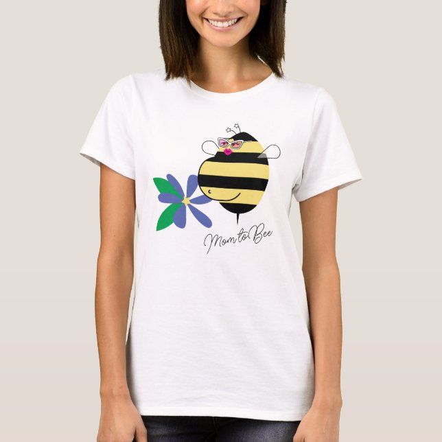 Baby Bump Blue Floral Mom to Bee with Glasses T-Shirt (Front)
