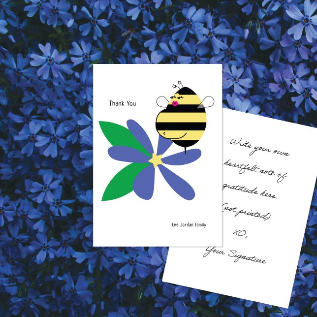 Baby Bump Mom Bee Blue Flower Thank You Card (Creator Uploaded)