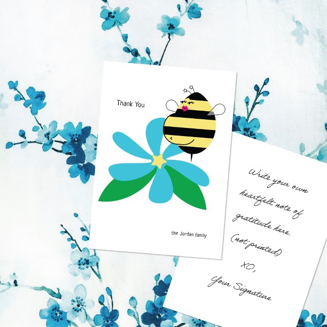 Baby Bump Mom Bee Sky Blue Flower Thank You Card (Creator Uploaded)