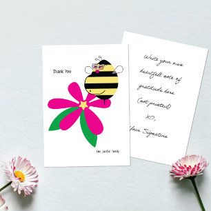 Baby Bump Mom Bee with Glasses Pink Flower Thank You Card