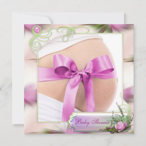 Baby Bump with Pink Bow Pink Magnolia Baby Shower Invitation