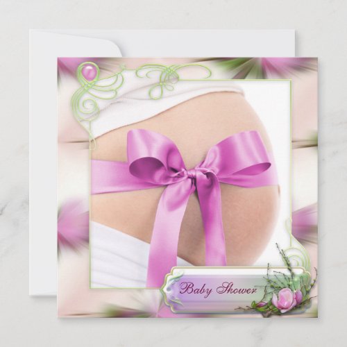 Baby Bump with Pink Bow Pink Magnolia Baby Shower Invitation