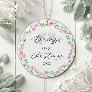 Baby Bump's First Christmas Pink Floral Holiday  Ceramic Ornament