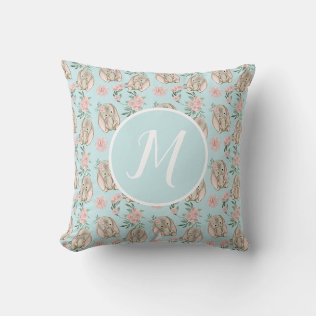 Baby Bunnies Blue Monogram Throw Pillow (Front)