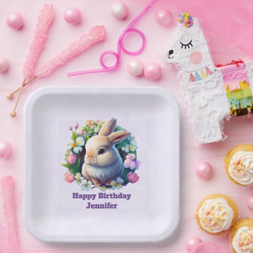 Baby Bunny among Colorful Spring Flowers Birthday Paper Plates