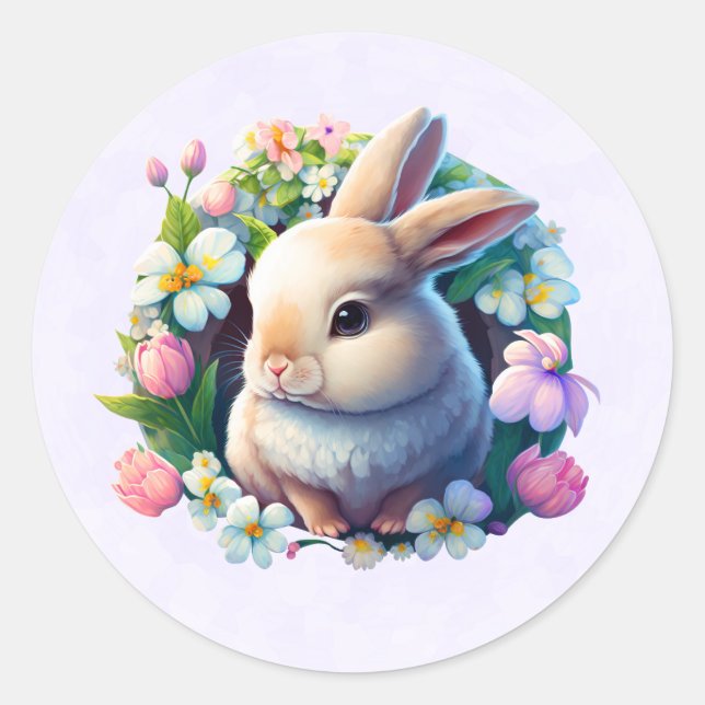 Baby Bunny among Colorful Spring Flowers Classic Round Sticker (Front)