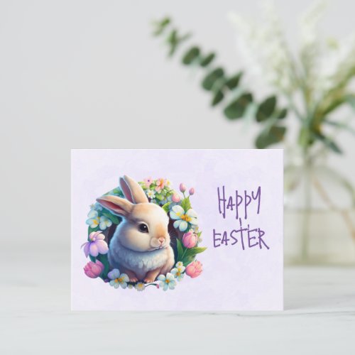 Baby Bunny among Colorful Spring Flowers Easter Holiday Postcard