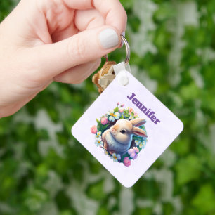 Baby Bunny among Colorful Spring Flowers Easter Keychain