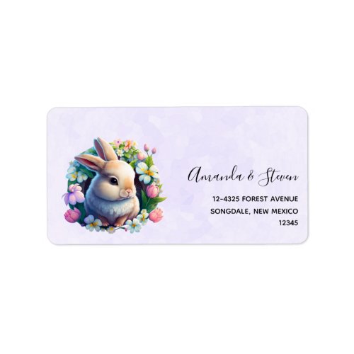 Baby Bunny among Colorful Spring Flowers Easter Label