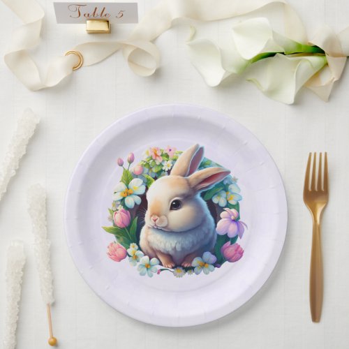 Baby Bunny among Colorful Spring Flowers Easter Paper Plates