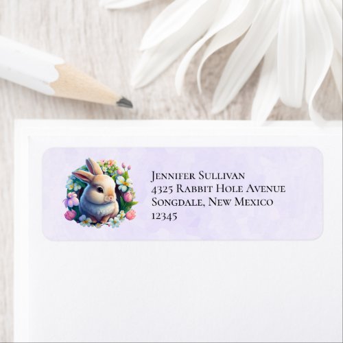 Baby Bunny among Colorful Spring Flowers Label
