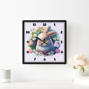 Baby Bunny among Colorful Spring Flowers Square Wall Clock
