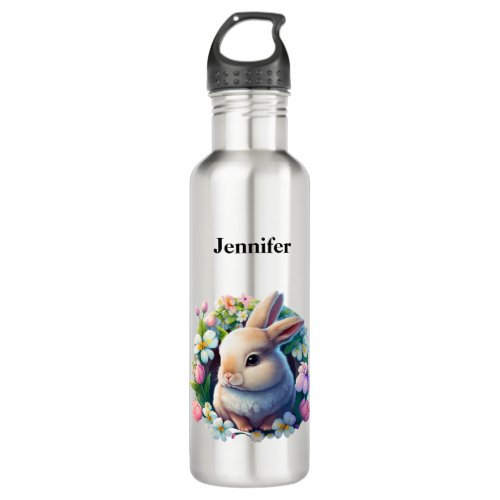 Baby Bunny among Colorful Spring Flowers Stainless Steel Water Bottle