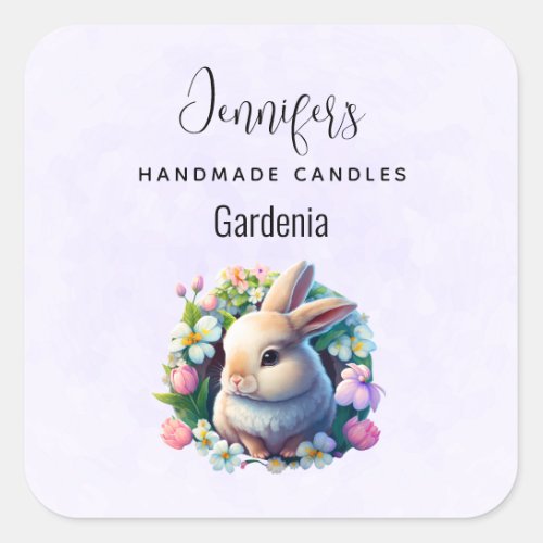 Baby Bunny among Spring Flowers Candle Business Square Sticker